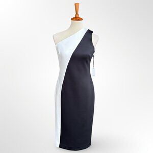 NWT $134 Calvin Klein one shoulder black and white dress 6 S small scuba stretch